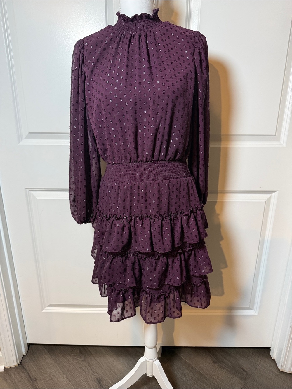 Smocked Waist Long-Sleeve Tiered Ruffle Dress in Plum